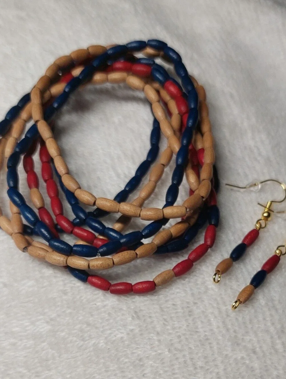 8 Handcrafted Navy, Red & Tan Wood Bead Stretch Bracelets with Matching Earrings